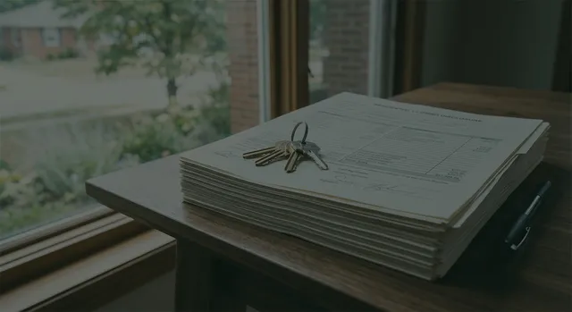 A house key and closing documents on a desk